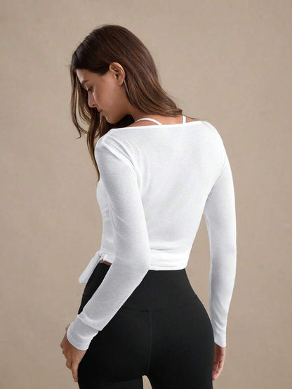 Eassivo Eassivo 2PCS Women's Textured Lightweight V-Neck Long Sleeve Adjustable Tie Wrap Top, Casual Sports Tee For Daily Wear Women's Yoga Tops Women's Long Sleeve Workout Tops Gym Shirts For Women Sexy Gym Criss Cross Women Tops Criss Cross Long Sleeve