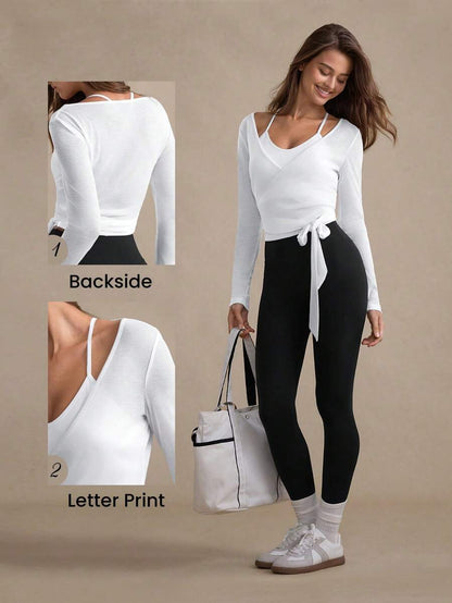 Eassivo Eassivo 2PCS Women's Textured Lightweight V-Neck Long Sleeve Adjustable Tie Wrap Top, Casual Sports Tee For Daily Wear Women's Yoga Tops Women's Long Sleeve Workout Tops Gym Shirts For Women Sexy Gym Criss Cross Women Tops Criss Cross Long Sleeve