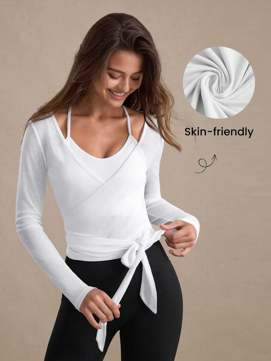 Eassivo Eassivo 2PCS Women's Textured Lightweight V-Neck Long Sleeve Adjustable Tie Wrap Top, Casual Sports Tee For Daily Wear Women's Yoga Tops Women's Long Sleeve Workout Tops Gym Shirts For Women Sexy Gym Criss Cross Women Tops Criss Cross Long Sleeve