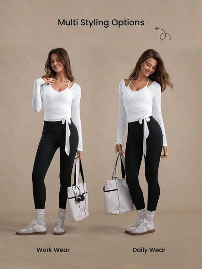 Eassivo Eassivo 2PCS Women's Textured Lightweight V-Neck Long Sleeve Adjustable Tie Wrap Top, Casual Sports Tee For Daily Wear Women's Yoga Tops Women's Long Sleeve Workout Tops Gym Shirts For Women Sexy Gym Criss Cross Women Tops Criss Cross Long Sleeve