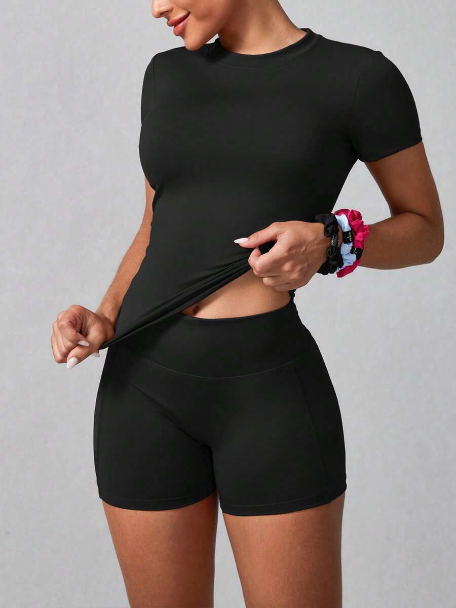 Women's Simple Solid Color Short Sleeve Shorts Sports Suit Summer