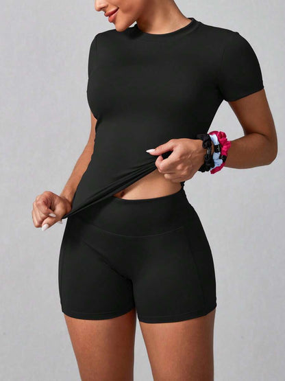 Women's Simple Solid Color Short Sleeve Shorts Sports Suit Summer
