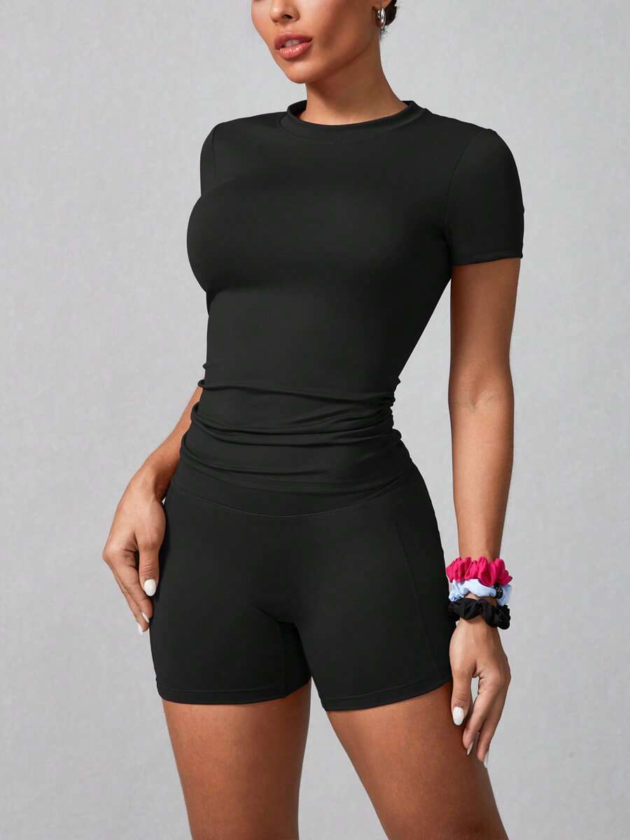 Women's Simple Solid Color Short Sleeve Shorts Sports Suit Summer