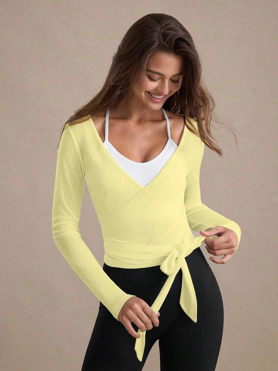 Eassivo Eassivo 2PCS Women's Textured Lightweight V-Neck Long Sleeve Adjustable Tie Wrap Top, Casual Sports Tee For Daily Wear Women's Yoga Tops Women's Long Sleeve Workout Tops Gym Shirts For Women Sexy Gym Criss Cross Women Tops Criss Cross Long Sleeve
