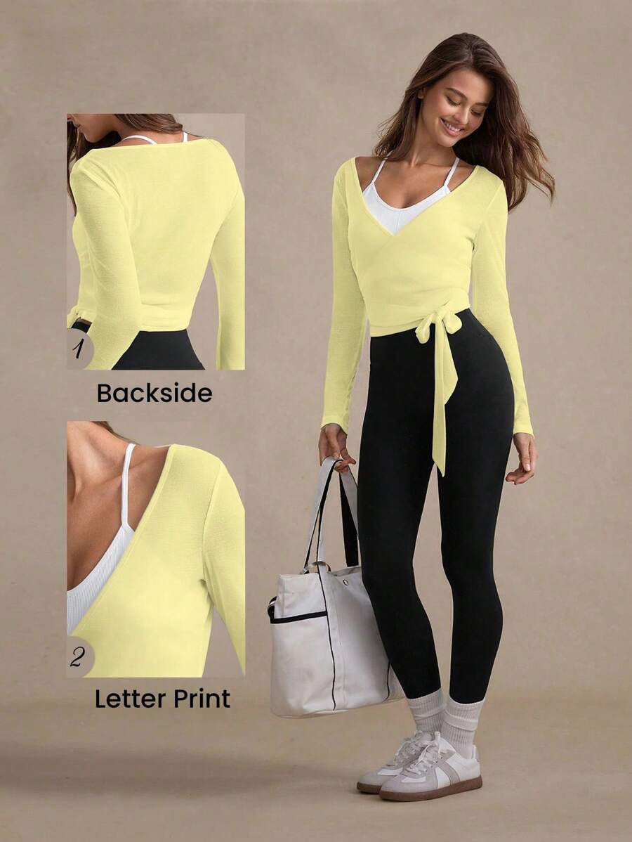 Eassivo Eassivo 2PCS Women's Textured Lightweight V-Neck Long Sleeve Adjustable Tie Wrap Top, Casual Sports Tee For Daily Wear Women's Yoga Tops Women's Long Sleeve Workout Tops Gym Shirts For Women Sexy Gym Criss Cross Women Tops Criss Cross Long Sleeve