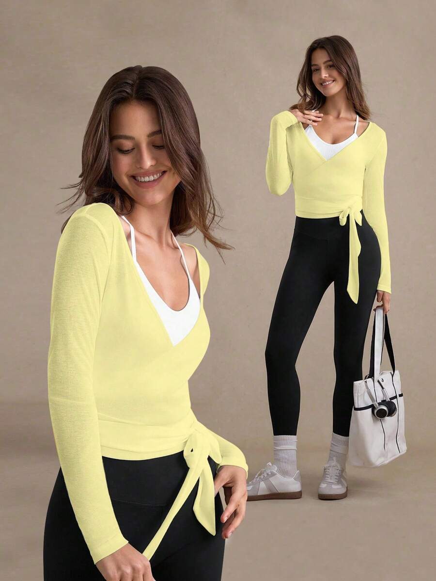 Eassivo Eassivo 2PCS Women's Textured Lightweight V-Neck Long Sleeve Adjustable Tie Wrap Top, Casual Sports Tee For Daily Wear Women's Yoga Tops Women's Long Sleeve Workout Tops Gym Shirts For Women Sexy Gym Criss Cross Women Tops Criss Cross Long Sleeve