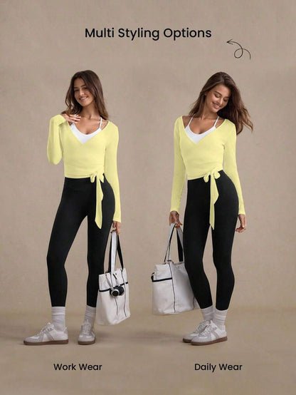 Eassivo Eassivo 2PCS Women's Textured Lightweight V-Neck Long Sleeve Adjustable Tie Wrap Top, Casual Sports Tee For Daily Wear Women's Yoga Tops Women's Long Sleeve Workout Tops Gym Shirts For Women Sexy Gym Criss Cross Women Tops Criss Cross Long Sleeve