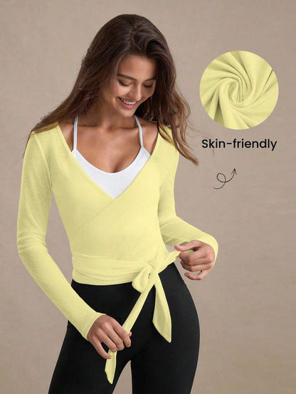 Eassivo Eassivo 2PCS Women's Textured Lightweight V-Neck Long Sleeve Adjustable Tie Wrap Top, Casual Sports Tee For Daily Wear Women's Yoga Tops Women's Long Sleeve Workout Tops Gym Shirts For Women Sexy Gym Criss Cross Women Tops Criss Cross Long Sleeve