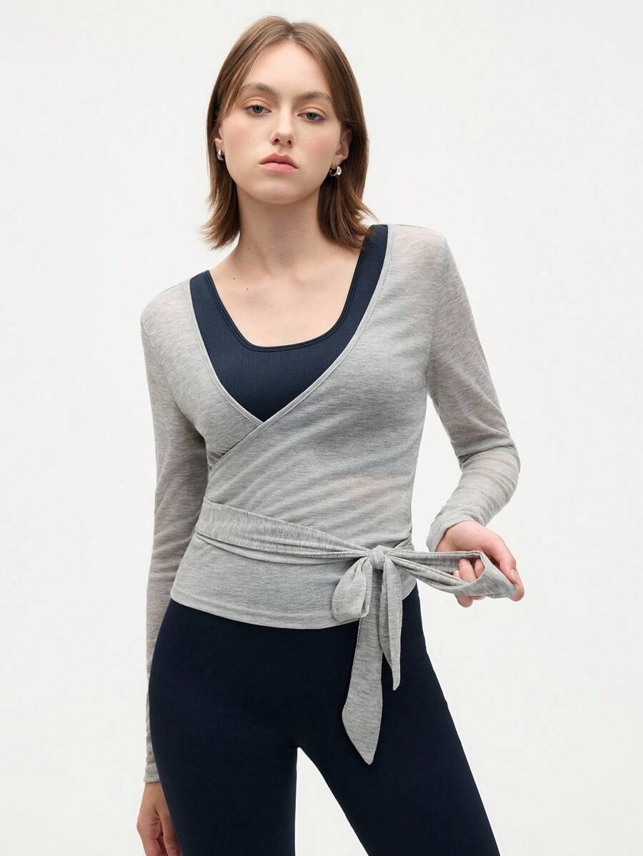 Eassivo Eassivo 2PCS Women's Textured Lightweight V-Neck Long Sleeve Adjustable Tie Wrap Top, Casual Sports Tee For Daily Wear Women's Yoga Tops Women's Long Sleeve Workout Tops Gym Shirts For Women Sexy Gym Criss Cross Women Tops Criss Cross Long Sleeve