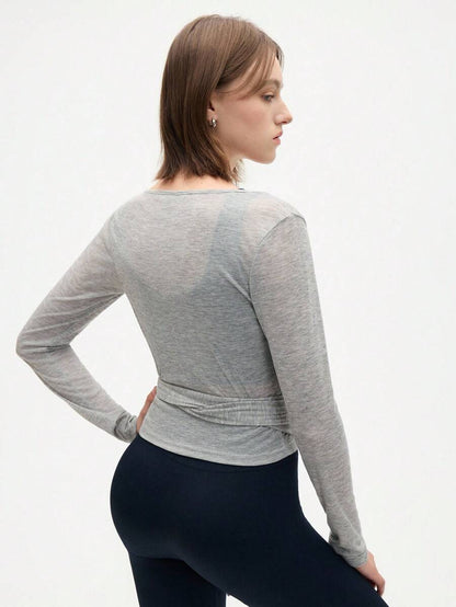 Eassivo Eassivo 2PCS Women's Textured Lightweight V-Neck Long Sleeve Adjustable Tie Wrap Top, Casual Sports Tee For Daily Wear Women's Yoga Tops Women's Long Sleeve Workout Tops Gym Shirts For Women Sexy Gym Criss Cross Women Tops Criss Cross Long Sleeve