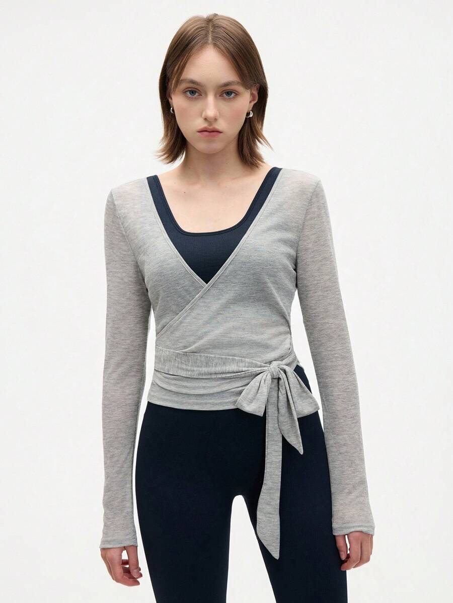 Eassivo Eassivo 2PCS Women's Textured Lightweight V-Neck Long Sleeve Adjustable Tie Wrap Top, Casual Sports Tee For Daily Wear Women's Yoga Tops Women's Long Sleeve Workout Tops Gym Shirts For Women Sexy Gym Criss Cross Women Tops Criss Cross Long Sleeve