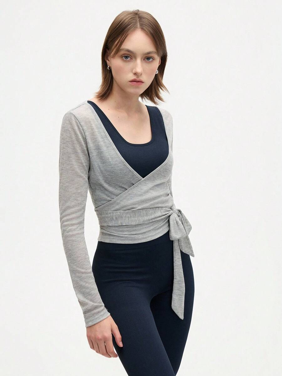 Eassivo Eassivo 2PCS Women's Textured Lightweight V-Neck Long Sleeve Adjustable Tie Wrap Top, Casual Sports Tee For Daily Wear Women's Yoga Tops Women's Long Sleeve Workout Tops Gym Shirts For Women Sexy Gym Criss Cross Women Tops Criss Cross Long Sleeve