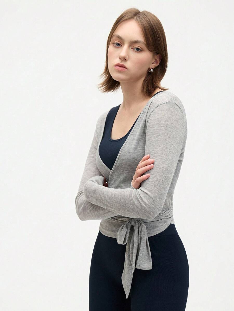 Eassivo Eassivo 2PCS Women's Textured Lightweight V-Neck Long Sleeve Adjustable Tie Wrap Top, Casual Sports Tee For Daily Wear Women's Yoga Tops Women's Long Sleeve Workout Tops Gym Shirts For Women Sexy Gym Criss Cross Women Tops Criss Cross Long Sleeve