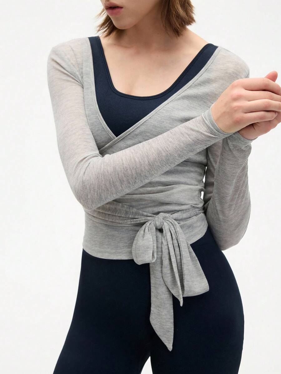 Eassivo Eassivo 2PCS Women's Textured Lightweight V-Neck Long Sleeve Adjustable Tie Wrap Top, Casual Sports Tee For Daily Wear Women's Yoga Tops Women's Long Sleeve Workout Tops Gym Shirts For Women Sexy Gym Criss Cross Women Tops Criss Cross Long Sleeve