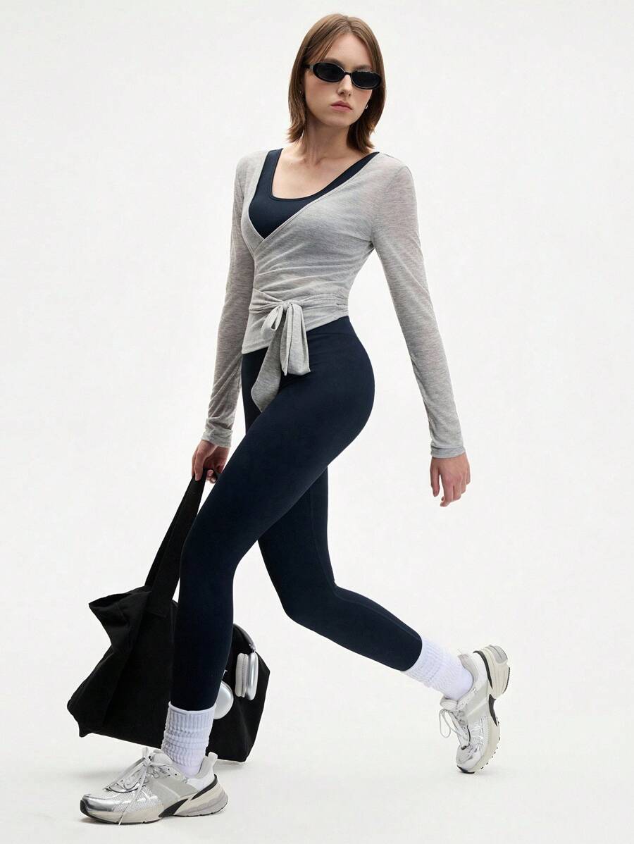 Eassivo Eassivo 2PCS Women's Textured Lightweight V-Neck Long Sleeve Adjustable Tie Wrap Top, Casual Sports Tee For Daily Wear Women's Yoga Tops Women's Long Sleeve Workout Tops Gym Shirts For Women Sexy Gym Criss Cross Women Tops Criss Cross Long Sleeve