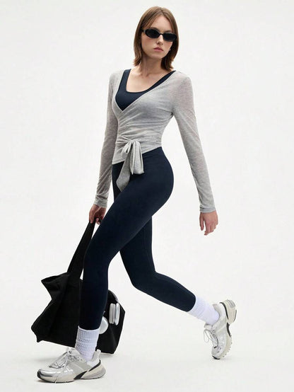 Eassivo Eassivo 2PCS Women's Textured Lightweight V-Neck Long Sleeve Adjustable Tie Wrap Top, Casual Sports Tee For Daily Wear Women's Yoga Tops Women's Long Sleeve Workout Tops Gym Shirts For Women Sexy Gym Criss Cross Women Tops Criss Cross Long Sleeve