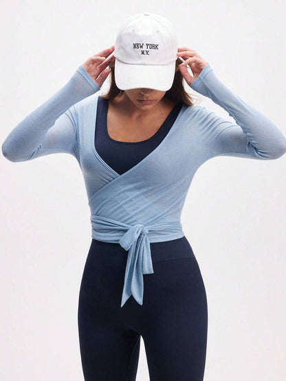 Eassivo Eassivo 2PCS Women's Textured Lightweight V-Neck Long Sleeve Adjustable Tie Wrap Top, Casual Sports Tee For Daily Wear Women's Yoga Tops Women's Long Sleeve Workout Tops Gym Shirts For Women Sexy Gym Criss Cross Women Tops Criss Cross Long Sleeve