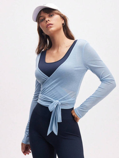 Eassivo Eassivo 2PCS Women's Textured Lightweight V-Neck Long Sleeve Adjustable Tie Wrap Top, Casual Sports Tee For Daily Wear Women's Yoga Tops Women's Long Sleeve Workout Tops Gym Shirts For Women Sexy Gym Criss Cross Women Tops Criss Cross Long Sleeve
