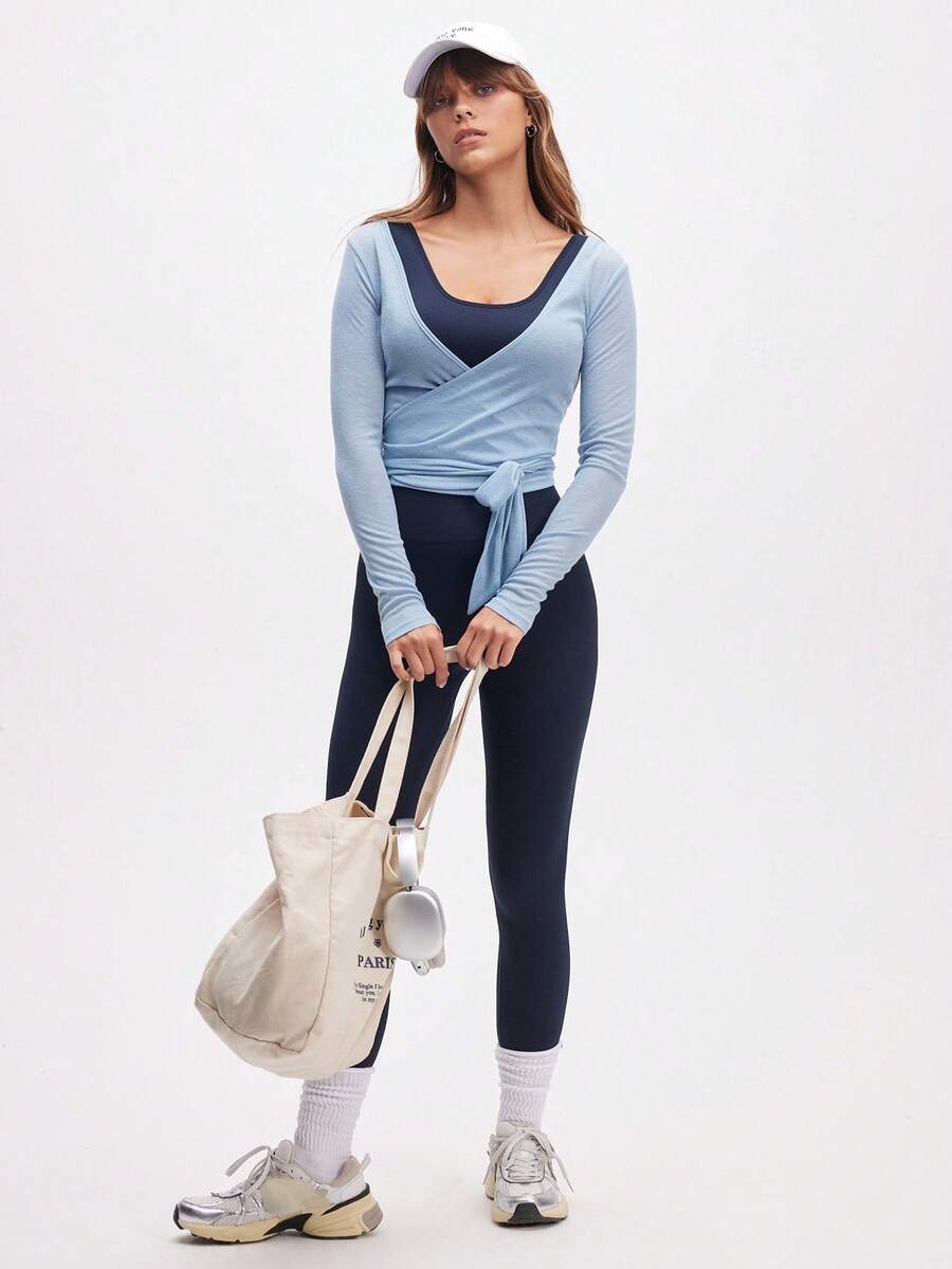 Eassivo Eassivo 2PCS Women's Textured Lightweight V-Neck Long Sleeve Adjustable Tie Wrap Top, Casual Sports Tee For Daily Wear Women's Yoga Tops Women's Long Sleeve Workout Tops Gym Shirts For Women Sexy Gym Criss Cross Women Tops Criss Cross Long Sleeve