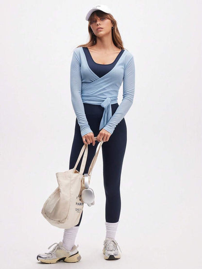 Eassivo Eassivo 2PCS Women's Textured Lightweight V-Neck Long Sleeve Adjustable Tie Wrap Top, Casual Sports Tee For Daily Wear Women's Yoga Tops Women's Long Sleeve Workout Tops Gym Shirts For Women Sexy Gym Criss Cross Women Tops Criss Cross Long Sleeve
