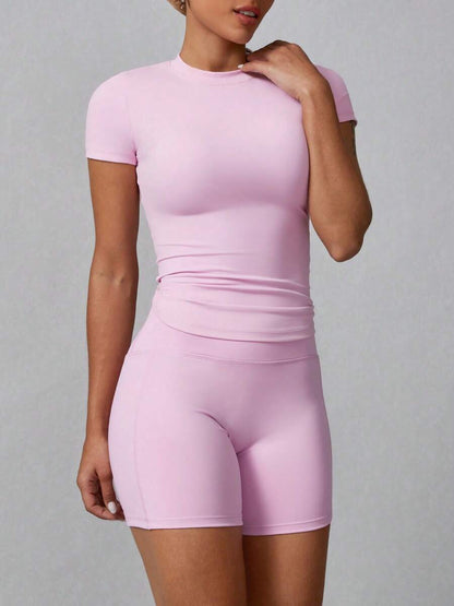 Women's Simple Solid Color Short Sleeve Shorts Sports Suit Summer
