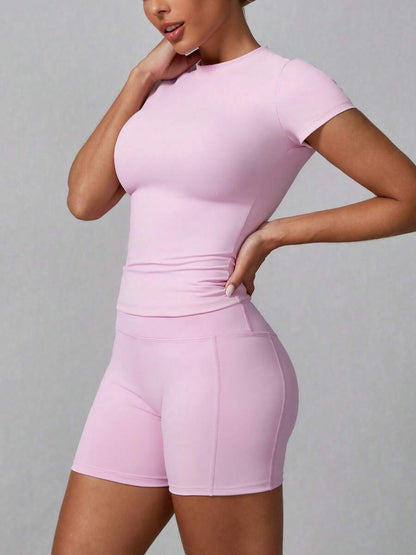 Women's Simple Solid Color Short Sleeve Shorts Sports Suit Summer