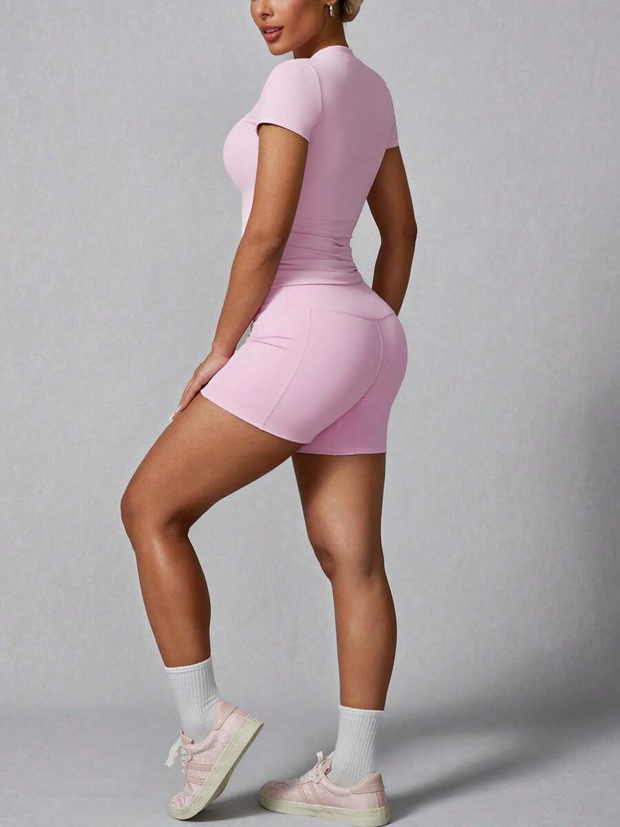 Women's Simple Solid Color Short Sleeve Shorts Sports Suit Summer