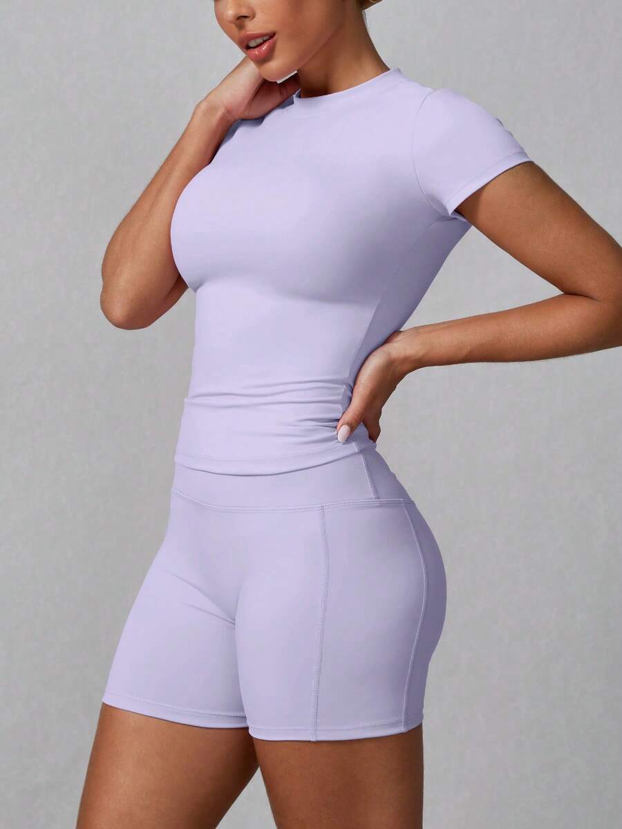 Women's Simple Solid Color Short Sleeve Shorts Sports Suit Summer