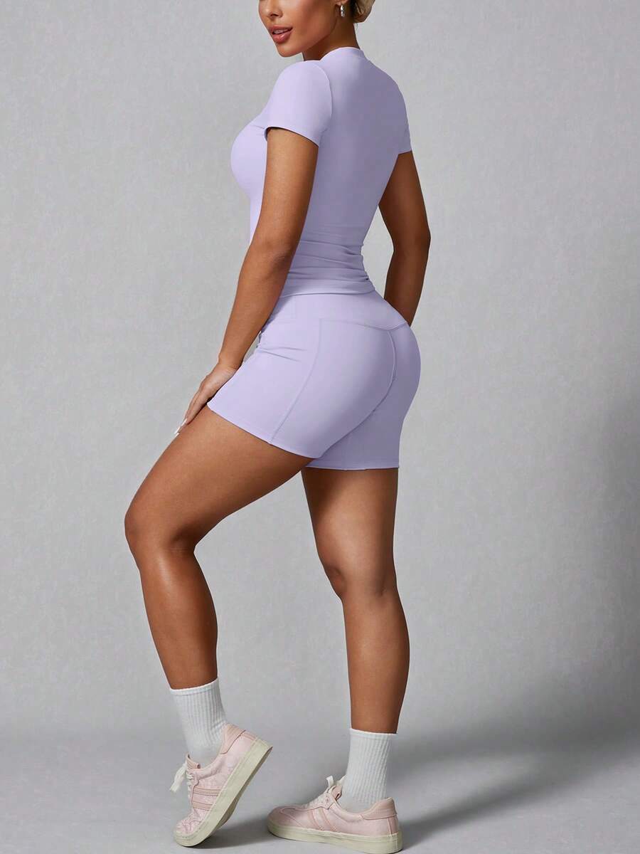 Women's Simple Solid Color Short Sleeve Shorts Sports Suit Summer