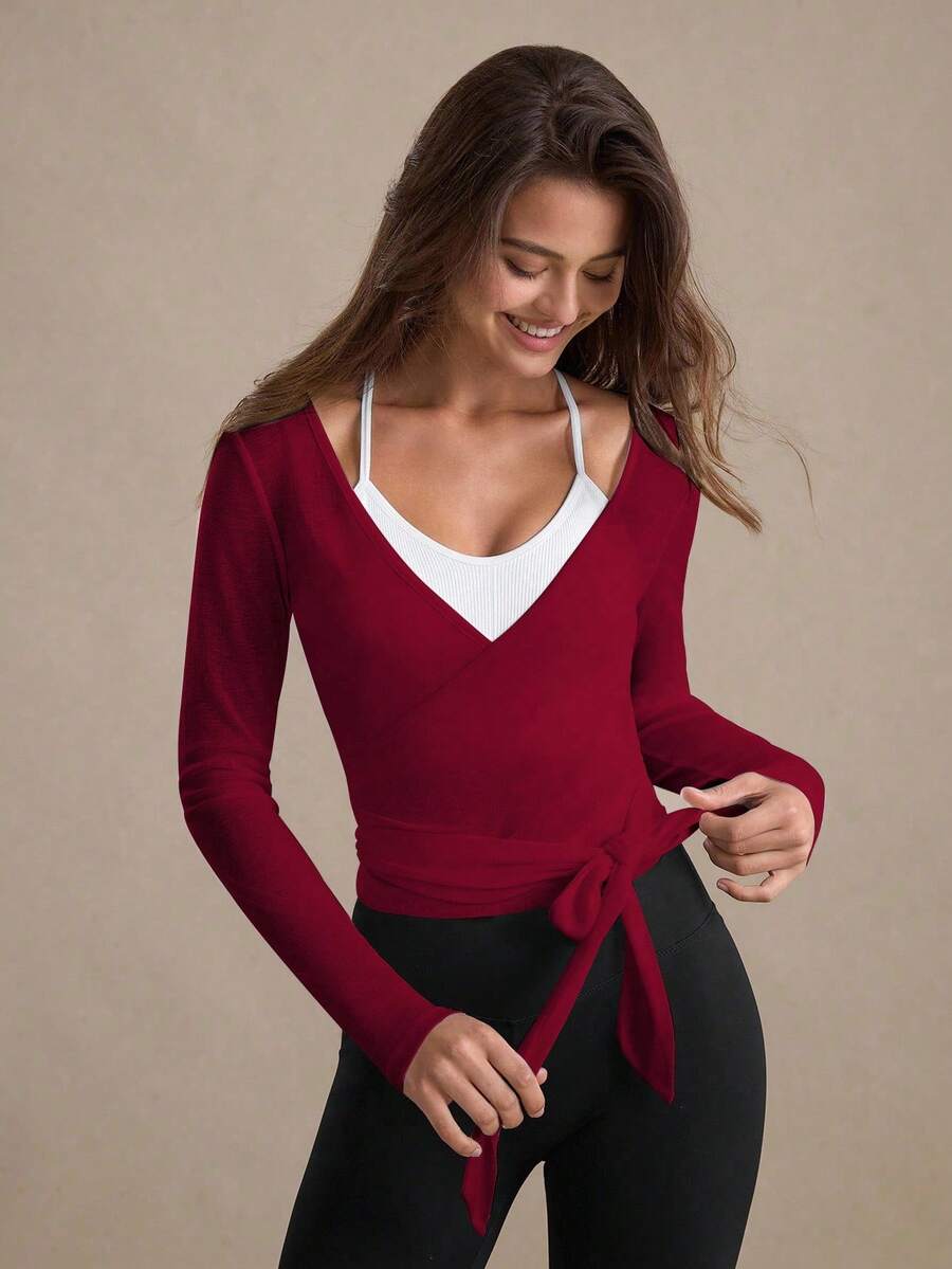 Eassivo Eassivo 2PCS Women's Textured Lightweight V-Neck Long Sleeve Adjustable Tie Wrap Top, Casual Sports Tee For Daily Wear Women's Yoga Tops Women's Long Sleeve Workout Tops Gym Shirts For Women Sexy Gym Criss Cross Women Tops Criss Cross Long Sleeve