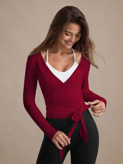 Eassivo Eassivo 2PCS Women's Textured Lightweight V-Neck Long Sleeve Adjustable Tie Wrap Top, Casual Sports Tee For Daily Wear Women's Yoga Tops Women's Long Sleeve Workout Tops Gym Shirts For Women Sexy Gym Criss Cross Women Tops Criss Cross Long Sleeve