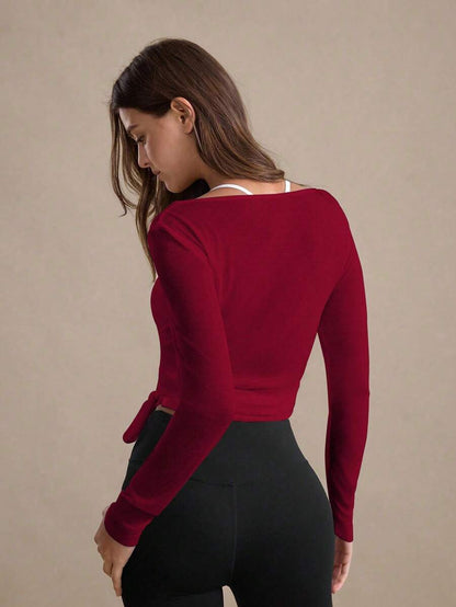 Eassivo Eassivo 2PCS Women's Textured Lightweight V-Neck Long Sleeve Adjustable Tie Wrap Top, Casual Sports Tee For Daily Wear Women's Yoga Tops Women's Long Sleeve Workout Tops Gym Shirts For Women Sexy Gym Criss Cross Women Tops Criss Cross Long Sleeve