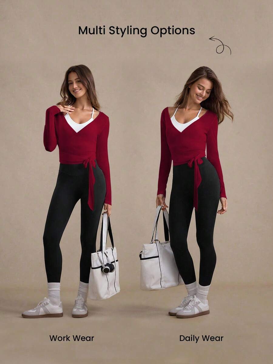 Eassivo Eassivo 2PCS Women's Textured Lightweight V-Neck Long Sleeve Adjustable Tie Wrap Top, Casual Sports Tee For Daily Wear Women's Yoga Tops Women's Long Sleeve Workout Tops Gym Shirts For Women Sexy Gym Criss Cross Women Tops Criss Cross Long Sleeve