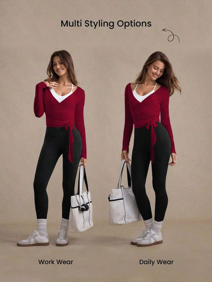 Eassivo Eassivo 2PCS Women's Textured Lightweight V-Neck Long Sleeve Adjustable Tie Wrap Top, Casual Sports Tee For Daily Wear Women's Yoga Tops Women's Long Sleeve Workout Tops Gym Shirts For Women Sexy Gym Criss Cross Women Tops Criss Cross Long Sleeve