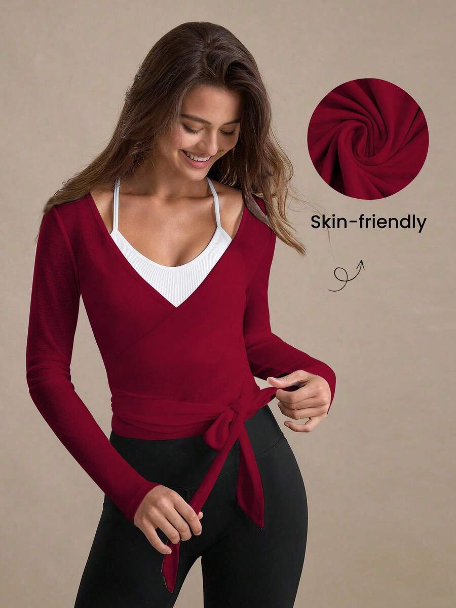 Eassivo Eassivo 2PCS Women's Textured Lightweight V-Neck Long Sleeve Adjustable Tie Wrap Top, Casual Sports Tee For Daily Wear Women's Yoga Tops Women's Long Sleeve Workout Tops Gym Shirts For Women Sexy Gym Criss Cross Women Tops Criss Cross Long Sleeve