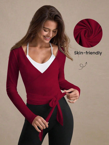Eassivo Eassivo 2PCS Women's Textured Lightweight V-Neck Long Sleeve Adjustable Tie Wrap Top, Casual Sports Tee For Daily Wear Women's Yoga Tops Women's Long Sleeve Workout Tops Gym Shirts For Women Sexy Gym Criss Cross Women Tops Criss Cross Long Sleeve