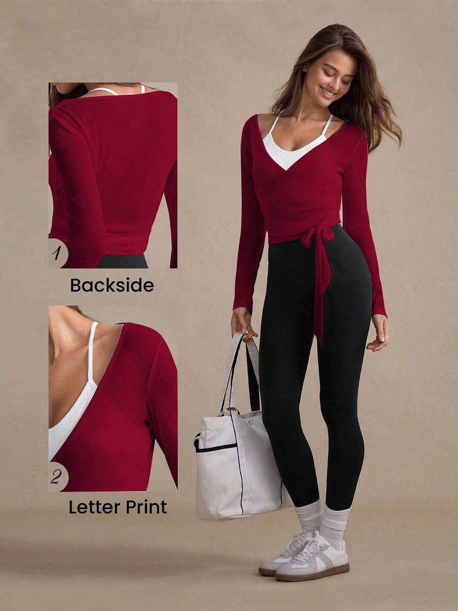 Eassivo Eassivo 2PCS Women's Textured Lightweight V-Neck Long Sleeve Adjustable Tie Wrap Top, Casual Sports Tee For Daily Wear Women's Yoga Tops Women's Long Sleeve Workout Tops Gym Shirts For Women Sexy Gym Criss Cross Women Tops Criss Cross Long Sleeve