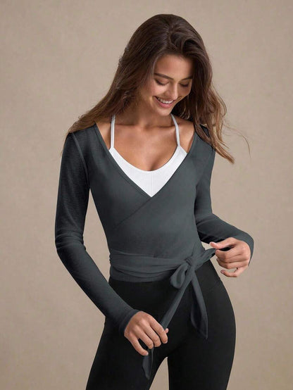 Eassivo Eassivo 2PCS Women's Textured Lightweight V-Neck Long Sleeve Adjustable Tie Wrap Top, Casual Sports Tee For Daily Wear Women's Yoga Tops Women's Long Sleeve Workout Tops Gym Shirts For Women Sexy Gym Criss Cross Women Tops Criss Cross Long Sleeve