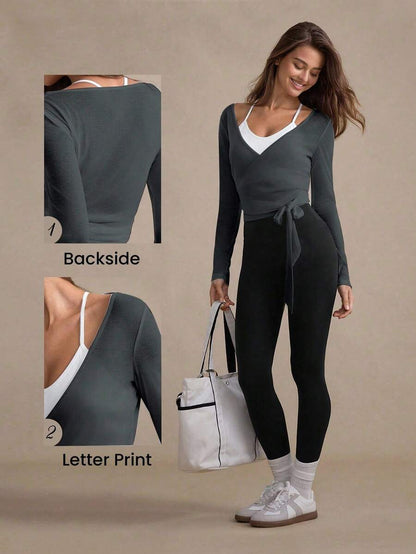 Eassivo Eassivo 2PCS Women's Textured Lightweight V-Neck Long Sleeve Adjustable Tie Wrap Top, Casual Sports Tee For Daily Wear Women's Yoga Tops Women's Long Sleeve Workout Tops Gym Shirts For Women Sexy Gym Criss Cross Women Tops Criss Cross Long Sleeve