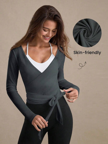 Eassivo Eassivo 2PCS Women's Textured Lightweight V-Neck Long Sleeve Adjustable Tie Wrap Top, Casual Sports Tee For Daily Wear Women's Yoga Tops Women's Long Sleeve Workout Tops Gym Shirts For Women Sexy Gym Criss Cross Women Tops Criss Cross Long Sleeve