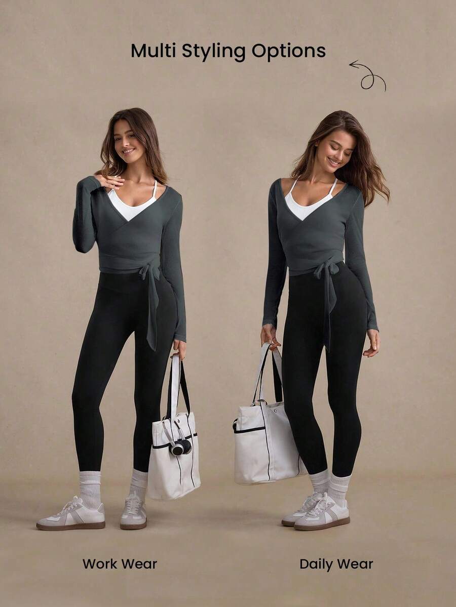 Eassivo Eassivo 2PCS Women's Textured Lightweight V-Neck Long Sleeve Adjustable Tie Wrap Top, Casual Sports Tee For Daily Wear Women's Yoga Tops Women's Long Sleeve Workout Tops Gym Shirts For Women Sexy Gym Criss Cross Women Tops Criss Cross Long Sleeve