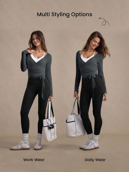 Eassivo Eassivo 2PCS Women's Textured Lightweight V-Neck Long Sleeve Adjustable Tie Wrap Top, Casual Sports Tee For Daily Wear Women's Yoga Tops Women's Long Sleeve Workout Tops Gym Shirts For Women Sexy Gym Criss Cross Women Tops Criss Cross Long Sleeve