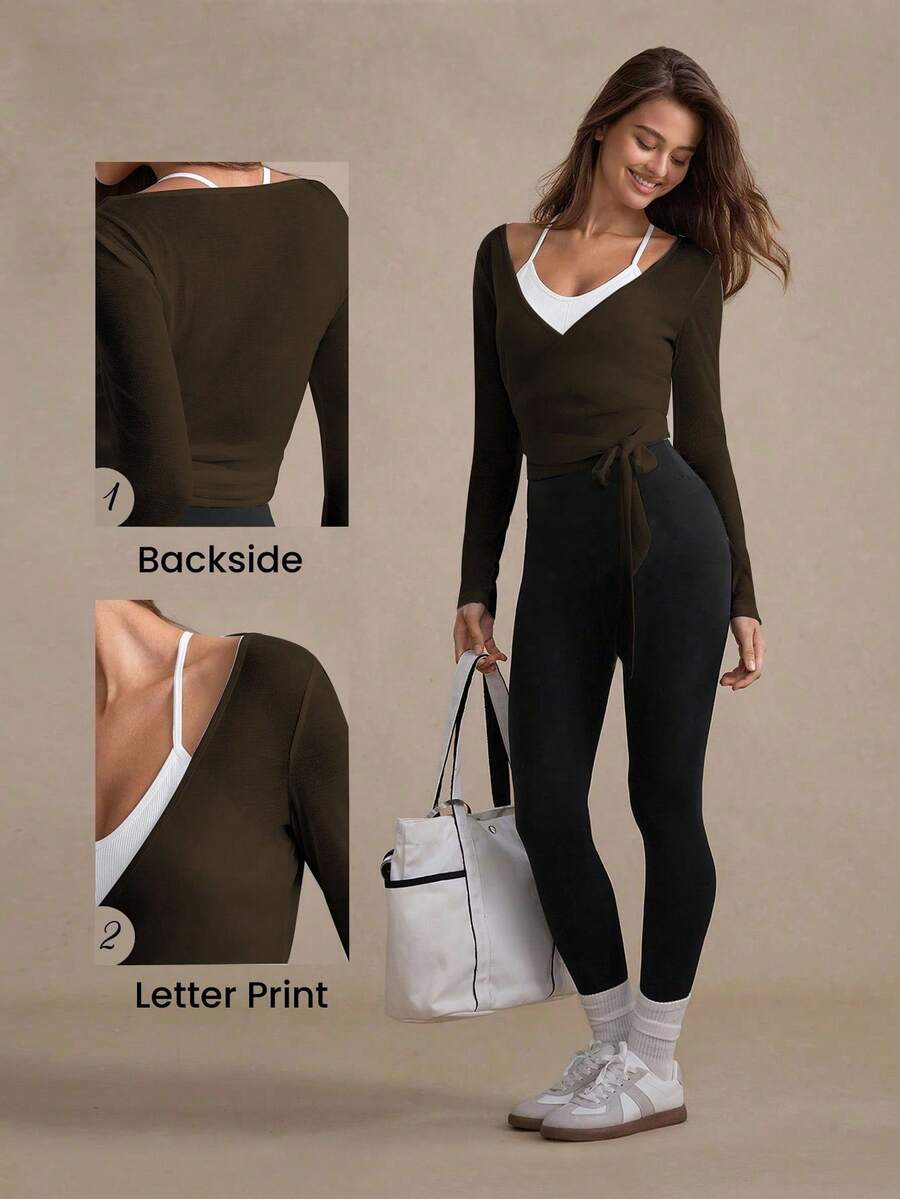 Eassivo Eassivo 2PCS Women's Textured Lightweight V-Neck Long Sleeve Adjustable Tie Wrap Top, Casual Sports Tee For Daily Wear Women's Yoga Tops Women's Long Sleeve Workout Tops Gym Shirts For Women Sexy Gym Criss Cross Women Tops Criss Cross Long Sleeve