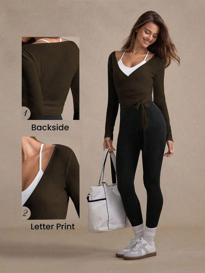 Eassivo Eassivo 2PCS Women's Textured Lightweight V-Neck Long Sleeve Adjustable Tie Wrap Top, Casual Sports Tee For Daily Wear Women's Yoga Tops Women's Long Sleeve Workout Tops Gym Shirts For Women Sexy Gym Criss Cross Women Tops Criss Cross Long Sleeve