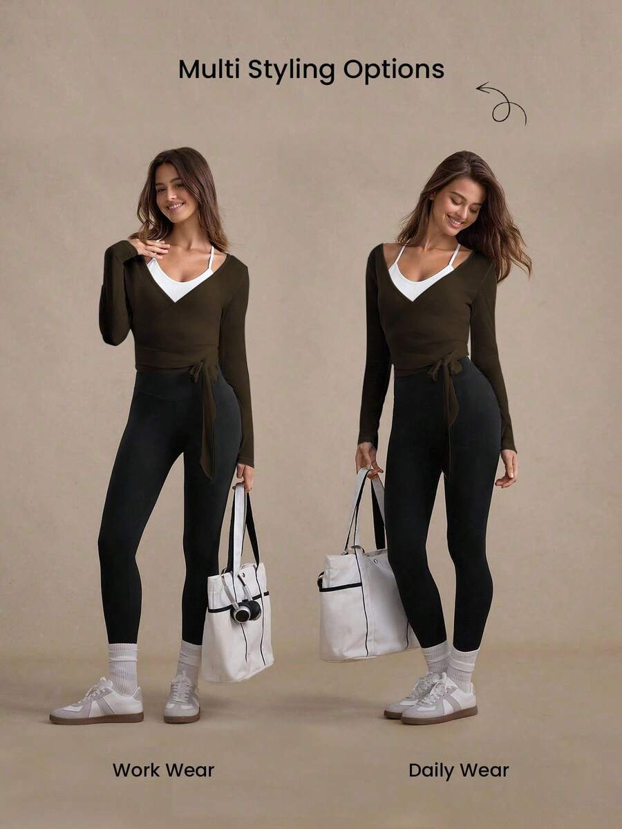 Eassivo Eassivo 2PCS Women's Textured Lightweight V-Neck Long Sleeve Adjustable Tie Wrap Top, Casual Sports Tee For Daily Wear Women's Yoga Tops Women's Long Sleeve Workout Tops Gym Shirts For Women Sexy Gym Criss Cross Women Tops Criss Cross Long Sleeve
