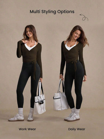 Eassivo Eassivo 2PCS Women's Textured Lightweight V-Neck Long Sleeve Adjustable Tie Wrap Top, Casual Sports Tee For Daily Wear Women's Yoga Tops Women's Long Sleeve Workout Tops Gym Shirts For Women Sexy Gym Criss Cross Women Tops Criss Cross Long Sleeve