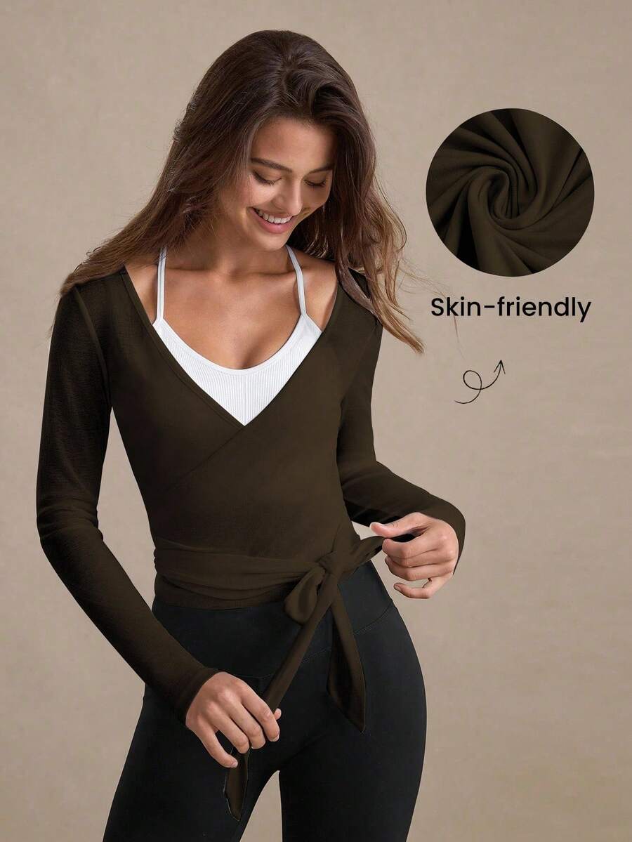 Eassivo Eassivo 2PCS Women's Textured Lightweight V-Neck Long Sleeve Adjustable Tie Wrap Top, Casual Sports Tee For Daily Wear Women's Yoga Tops Women's Long Sleeve Workout Tops Gym Shirts For Women Sexy Gym Criss Cross Women Tops Criss Cross Long Sleeve