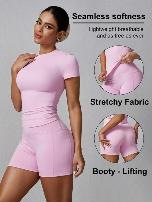 Women's Simple Solid Color Short Sleeve Shorts Sports Suit Summer