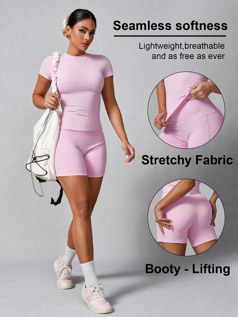 Women's Simple Solid Color Short Sleeve Shorts Sports Suit Summer