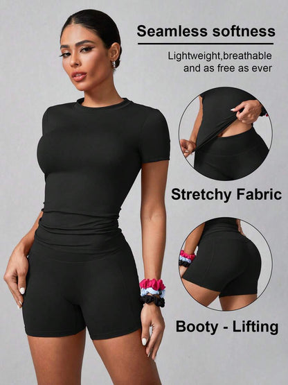 Women's Simple Solid Color Short Sleeve Shorts Sports Suit Summer